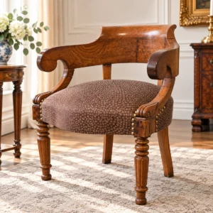 Antiker Schreibtischstuhl Louis Philippe um 1850 aus massiver Eiche mit englischem Manufakturstoff