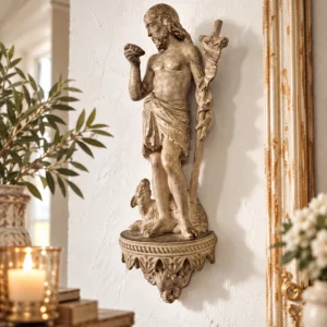 Antike Johannes der Täufer Wandfigur aus Gips um 1900 mit Lamm Gottes
