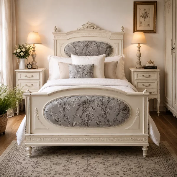 Antikes Jugendstil Bett aus massiver Buche um 1905 mit neu gepolstertem Kopf- und Fußteil im eleganten Vogelmotiv.